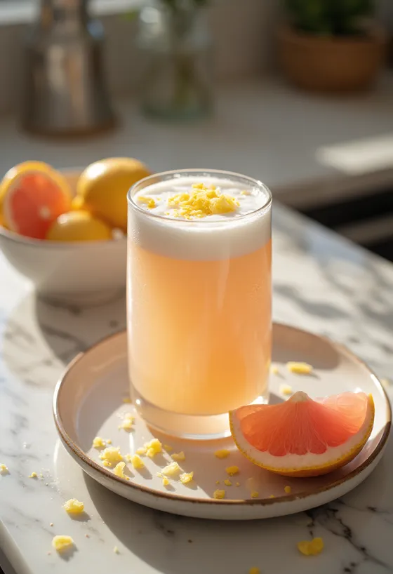 Grapefruit-Ananas-Kefir in Gläsern, helle cremige Farbe, mit Fruchtstücken obenauf