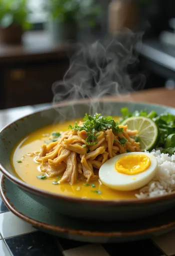 Soto Ayam mit Reis, frisch serviert, mit Ei und Hühnerfleisch