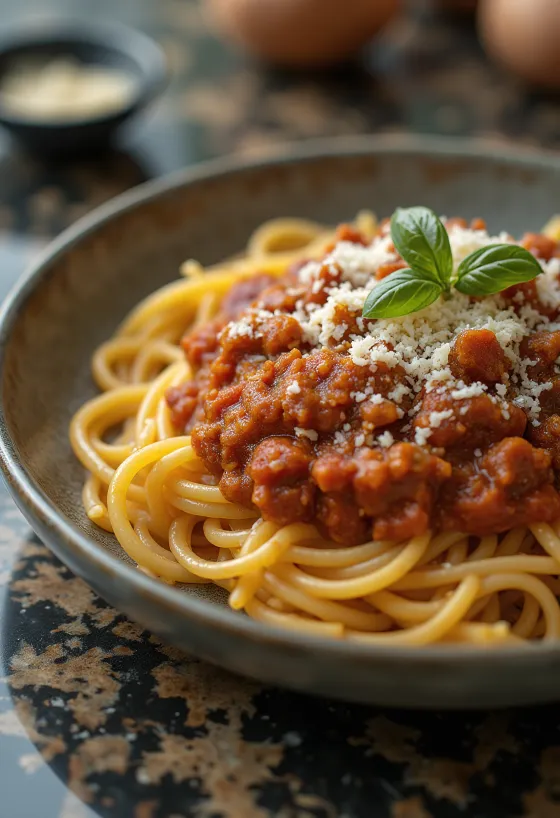 Spaghetti Bolognese, klassische italienische Nudeln mit Tomaten-Hackfleisch-Soße