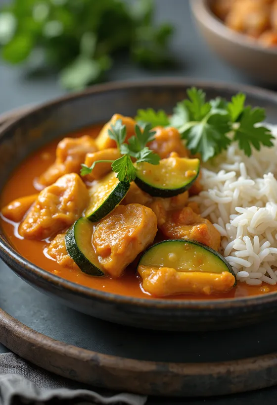 Thai-Curry mit Hähnchenbrust serviert
