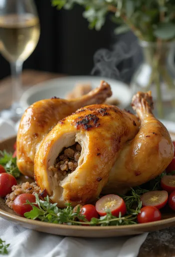Gefülltes Hähnchen, serviert mit leckerer Füllung und knusprig gebratener Haut