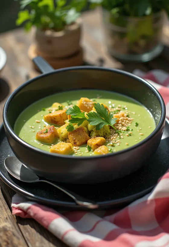 Brokkoli-Cremesuppe mit Curry-Tofu