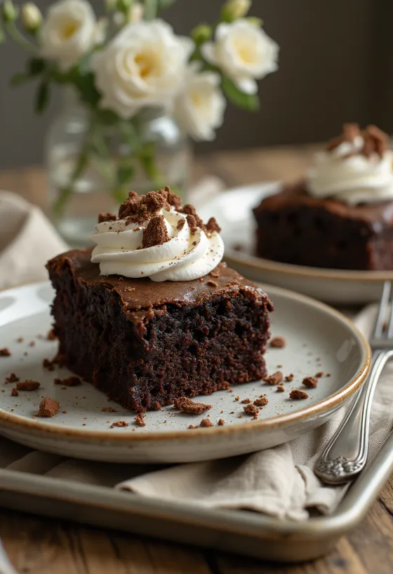 Schoko-Brownie-Torte mit Schlagsahne und Schokospänen
