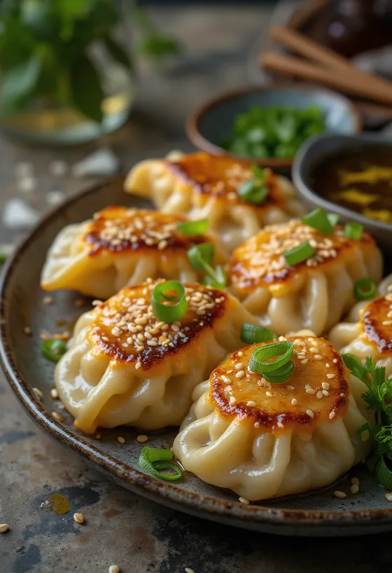 Knusprig gebratene Gyoza-Teigtaschen mit Sesamöl serviert, neben Sojasauce