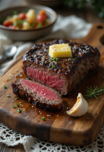 Kudu-Steak serviert mit Zitronenspalten und Gemüse.