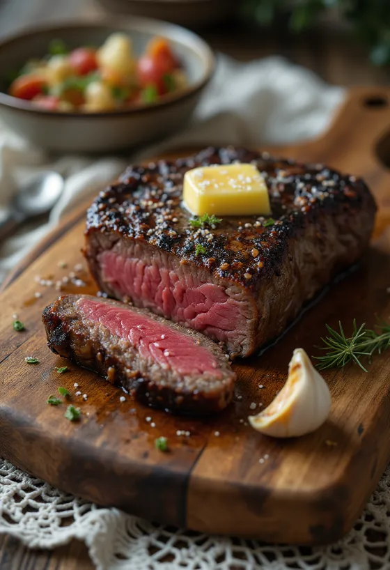 Kudu-Steak serviert mit Zitronenspalten und Gemüse.
