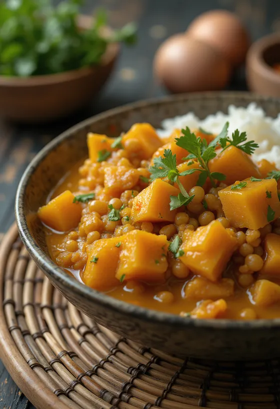 Linsen-Curry mit Süßkartoffeln serviert