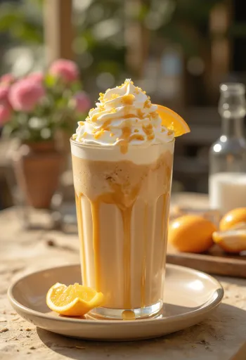 Orangen-Karamell-Frappé Kaffeegetränk dekoriert mit Schlagsahne und Orangenschale