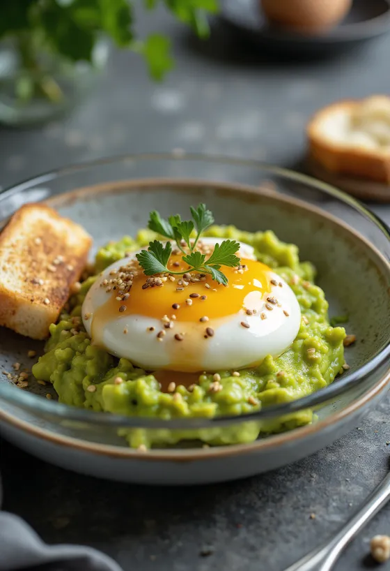 Onsen Tamago mit Avocado, serviert in einer Schale, garniert mit Avocadopüree und Koriander
