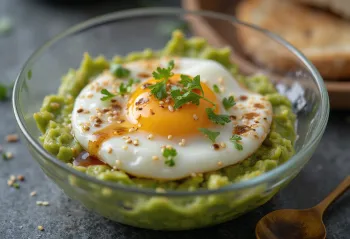 Onsen Tamago mit Avocado, serviert in einer Schale, garniert mit Avocadopüree und Koriander