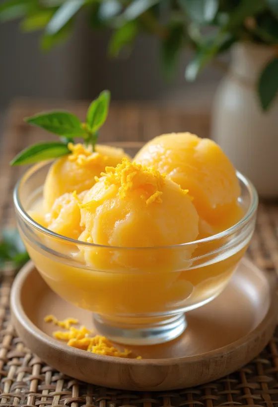 Serviertes Orangensorbet