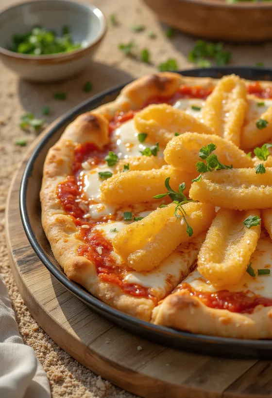 Japanische Pizza mit Tempura-Gemüse serviert