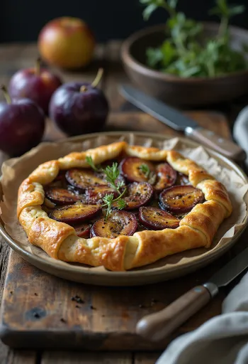 Lauch-Pflaumen-Pie Stücke serviert, rustikaler Vollkornteig