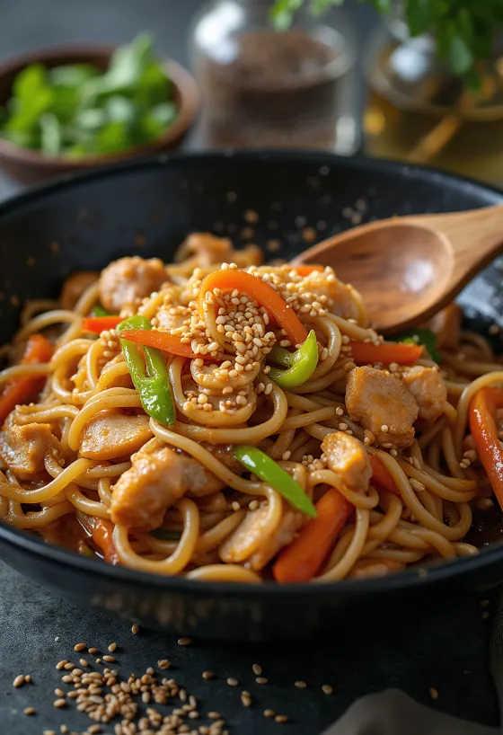 Ramen Stir Fry serviert mit Hähnchen und Gemüse