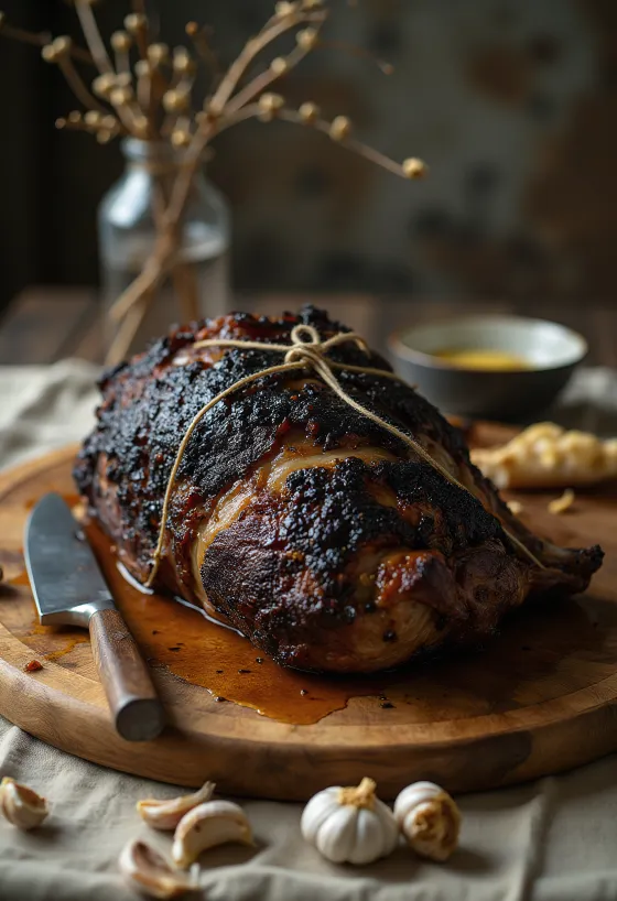 Wildschwein am Spieß mit Kräutern und gebratenem Gemüse