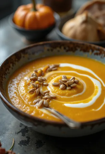 Kürbiscremesuppe mit weicher, seidiger Konsistenz, garniert mit gerösteten Kürbiskernen