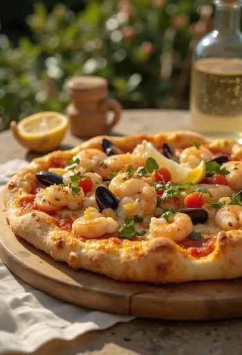 Servierte Pizza Frutti di Mare mit Käserand