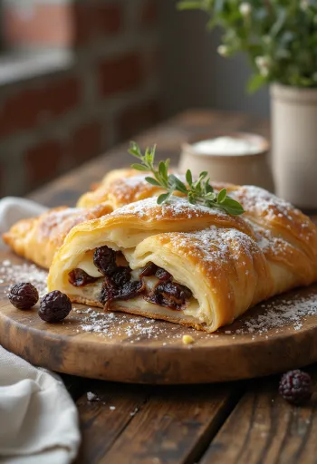 Quarkstrudel mit Rosinen serviert, mit Puderzucker bestreut