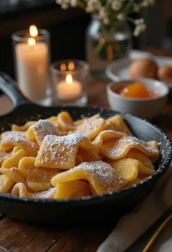 Klassischer Kaiserschmarrn goldbraun gebacken, mit Puderzucker bestreut und Marmelade serviert.