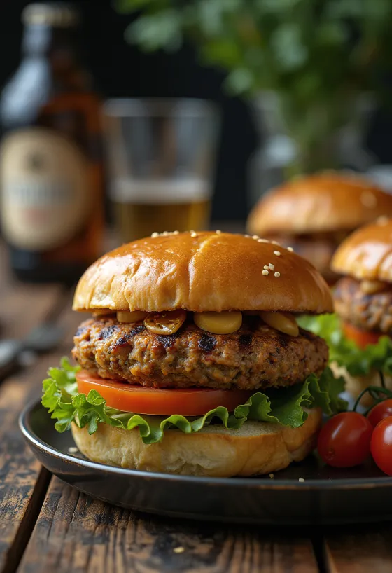 Gegrillte Linsen-Burger mit Hackfleisch, serviert mit frischem Gemüse und Saucen