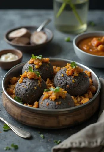 Ragi Idli, serviert mit Koriander und Curryblättern