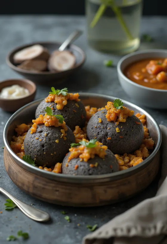 Ragi Idli, serviert mit Koriander und Curryblättern