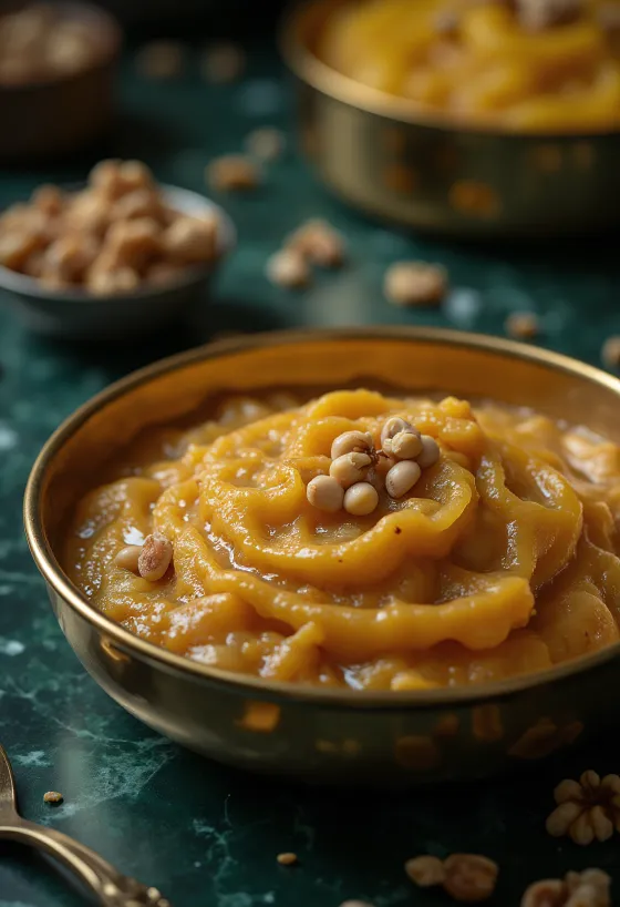 Klassisches Moong Dal mit reichen würzigen Aromen, gerösteten Nüssen und Rosenwasser.