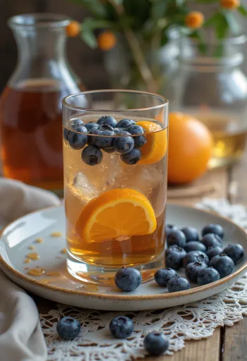 Honig-Blaubeer-Cider Fruchtgetränk dekoriert mit Orangenscheibe und Blaubeeren
