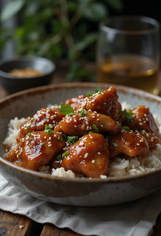 Goldbraun gebratenes Honig-Hähnchen, bestreut mit Sesam und frischen Kräutern