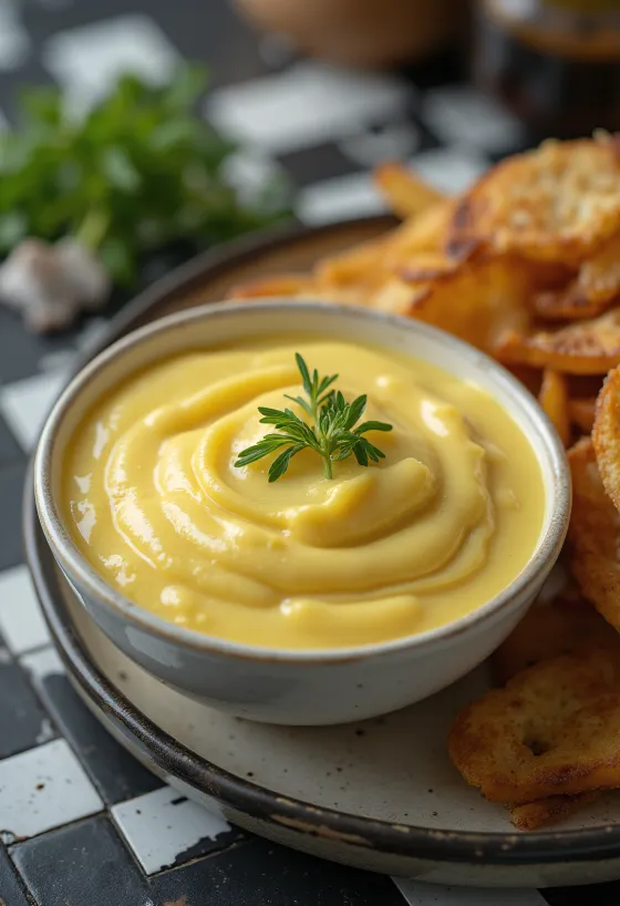 Senf-Knoblauch-Dip in einer kleinen Schüssel