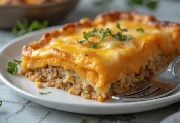 Pastelón mit Süßkartoffeln und Zwiebeln, serviert mit Hähnchen und goldbraunem Käse überbacken