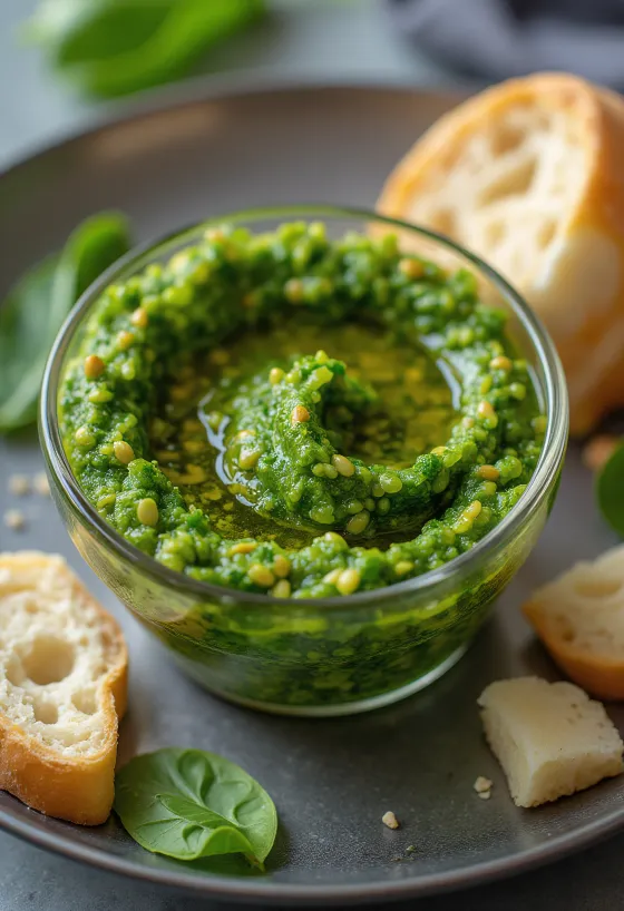 Frisch serviertes Spinat-Pesto mit Sonnenblumenkernen