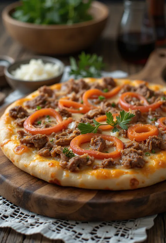 Pizza nach kasachischer Art mit Rind- oder Pferdefleisch