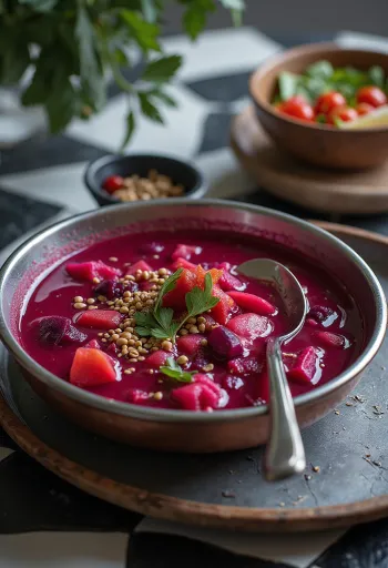 Rote-Bete-Rasam, serviert mit frischem Koriander