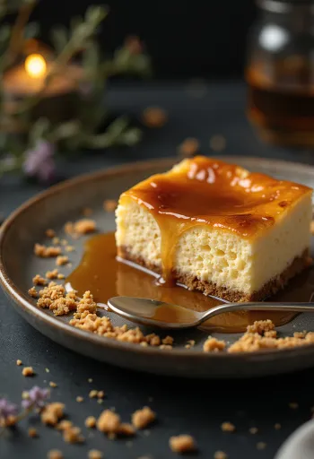 Servierter Käsekuchen mit Karamell