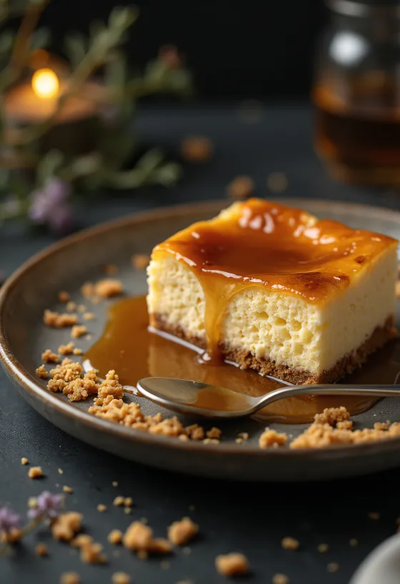 Servierter Käsekuchen mit Karamell