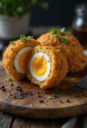 Scotch Egg im Panko-Mantel, knusprig paniert, mit Ei im Inneren