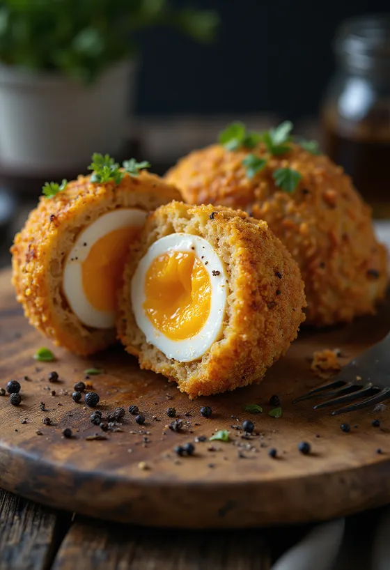 Scotch Egg im Panko-Mantel, knusprig paniert, mit Ei im Inneren