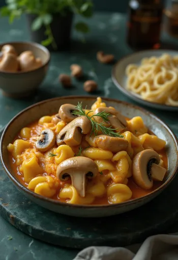 Cremiges Pilzpaprikasch mit frischer Petersilie und Spätzle serviert