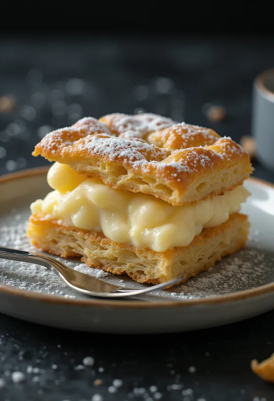 Vanille-Cremeschnitte in Stücke geschnitten serviert