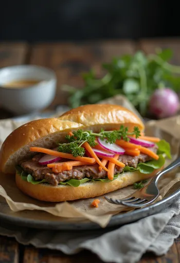 Bánh Mì Pâté Sandwich mit Leberpastete, serviert mit frischem Gemüse und Koriander