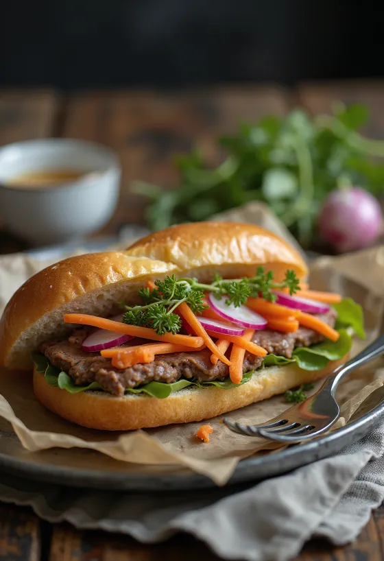 Bánh Mì Pâté Sandwich mit Leberpastete, serviert mit frischem Gemüse und Koriander
