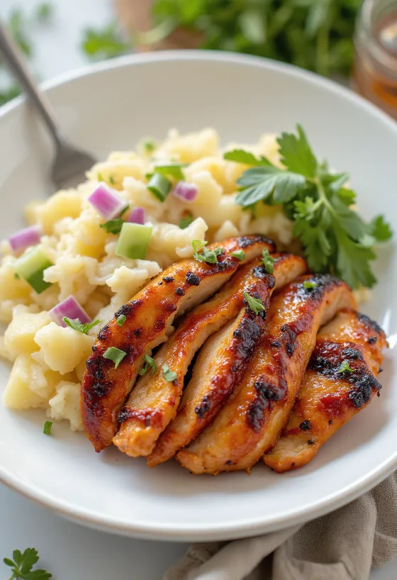 BBQ-Hähnchenbrust mit Kartoffelsalat serviert