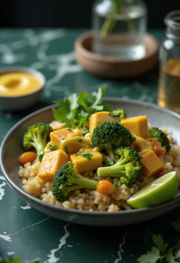 Brokkoli-Quinoa-Buddha-Bowl mit Tofu serviert