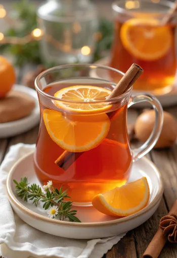 Zimt-Ingwer-Punsch, wärmendes Getränk, garniert mit Orangenscheiben und Zimt