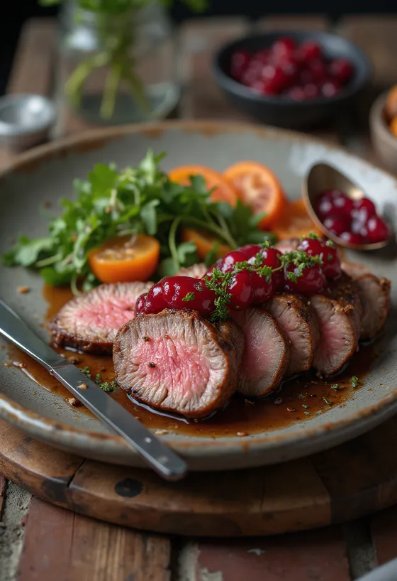 Gegrilltes Straußenfleisch serviert mit frischem Salat