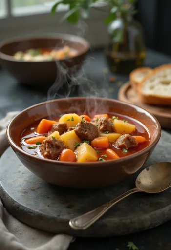Traditionelle Gulaschsuppe mit reichlich Fleischstücken und Gemüse, rot von Paprika.