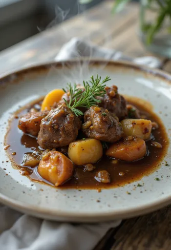 Lammragout mit Rosmarin in einer rustikalen Schüssel serviert.