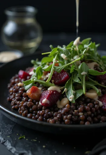 Linsensalat mit gebackener Roter Bete serviert
