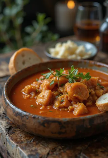 Traditionelles ungarisches Kuttelgulasch mit frischem Brot